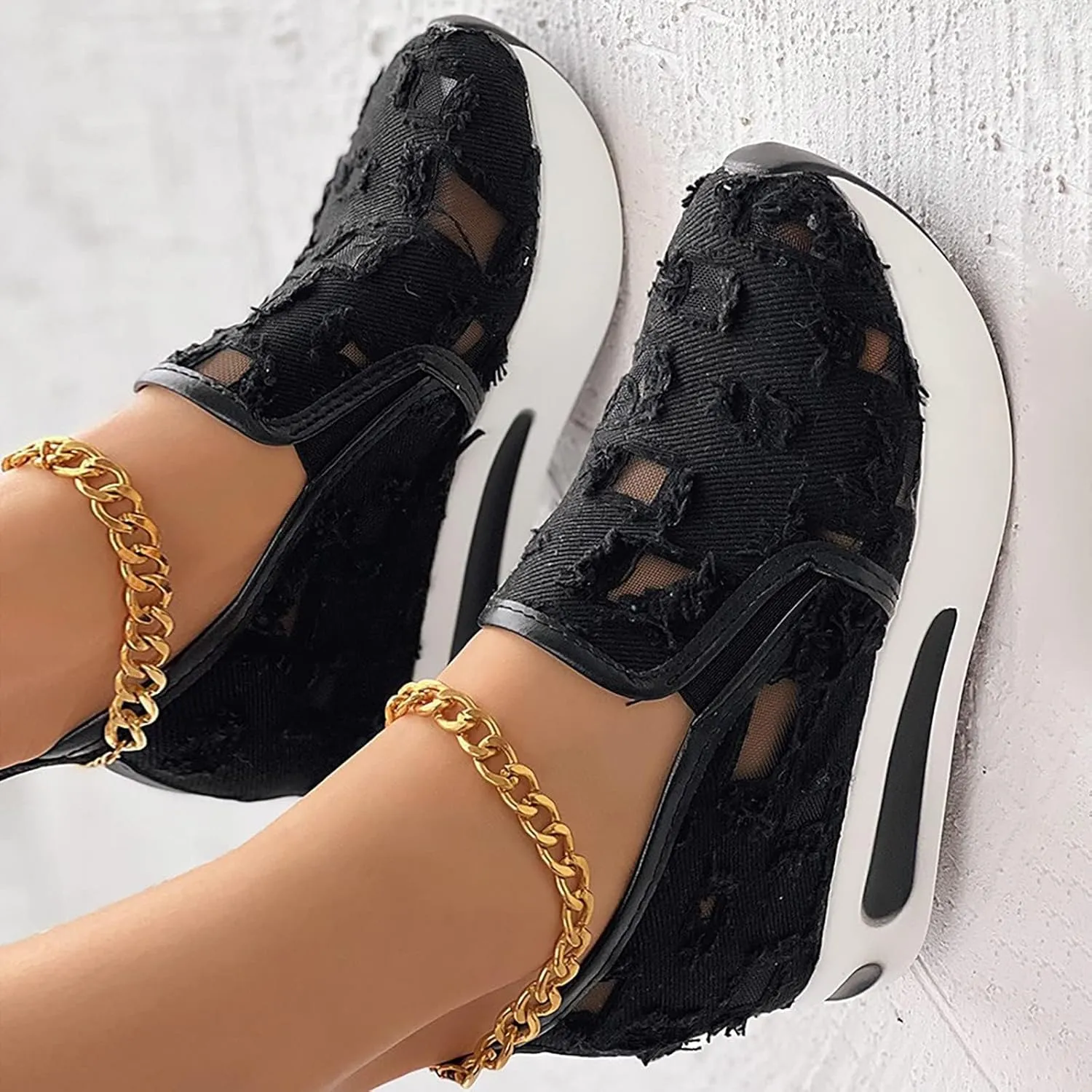 Platform Wedge Sneakers for Women Mesh Floral Embroidery Breathable Walking Shoes Air Comfort Chunky Slip On Arch Support Work Shoes