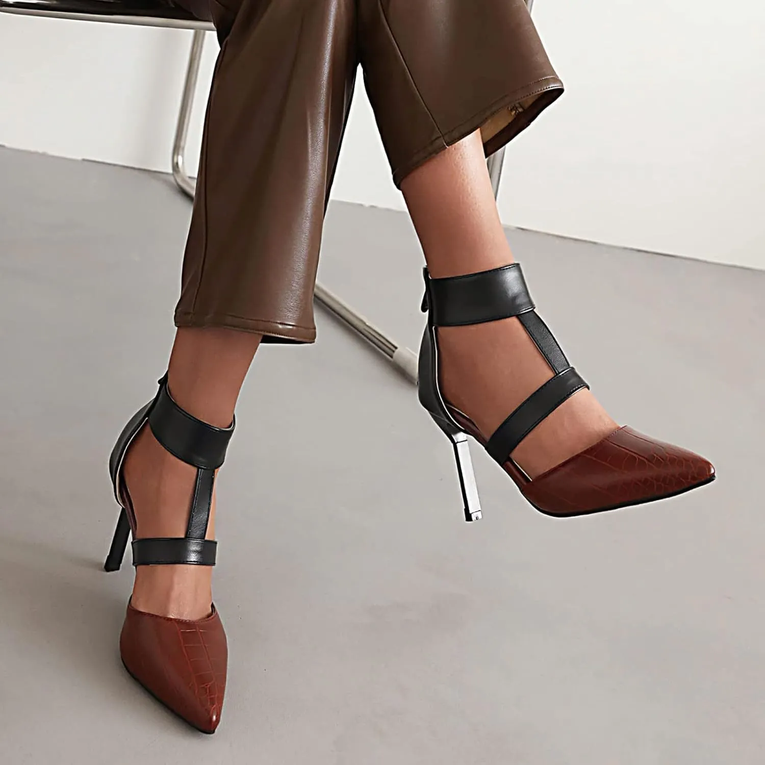 Pointed Toe Stilettos for Women Dressy Summer Fashion Back Zip Ankle Strap Hollow Closed Toe Super High Heel Sandals Comfy Casual Plaid Shoes