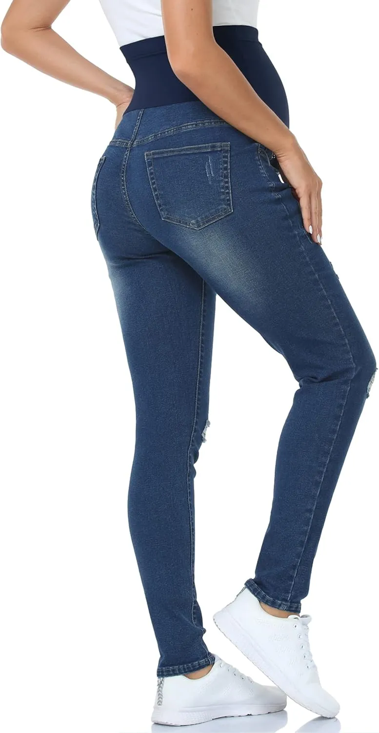 POSHGLAM Women's Maternity Jeans Over Belly Skinny Denim Jeggings Comfy Stretch Pregnancy Pants