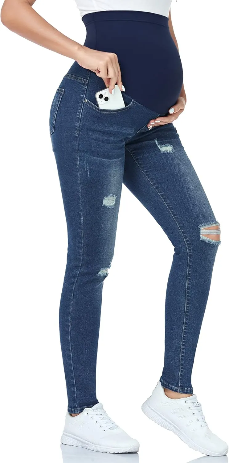 POSHGLAM Women's Maternity Jeans Over Belly Skinny Denim Jeggings Comfy Stretch Pregnancy Pants