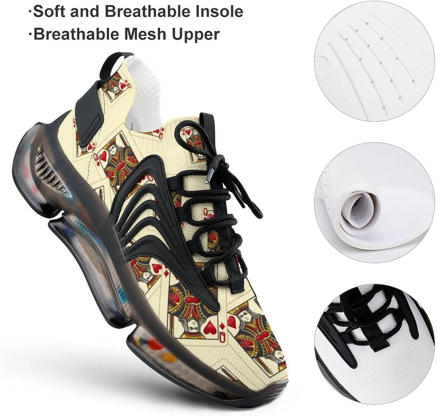 Queen of The Hearts Playing Card Poker Men's Running Shoes Fashion Walking Sneakers Lightweight Casual Sports Shoes for Women