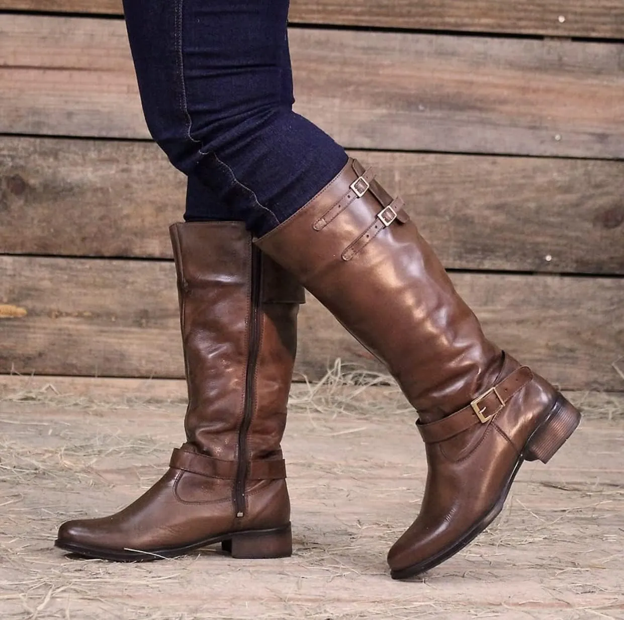 QUEEN USA TEXAS Women's Western Mid-Calf Riding Boots, Fashion Casual Leather Chunky Heel Zipper Booties