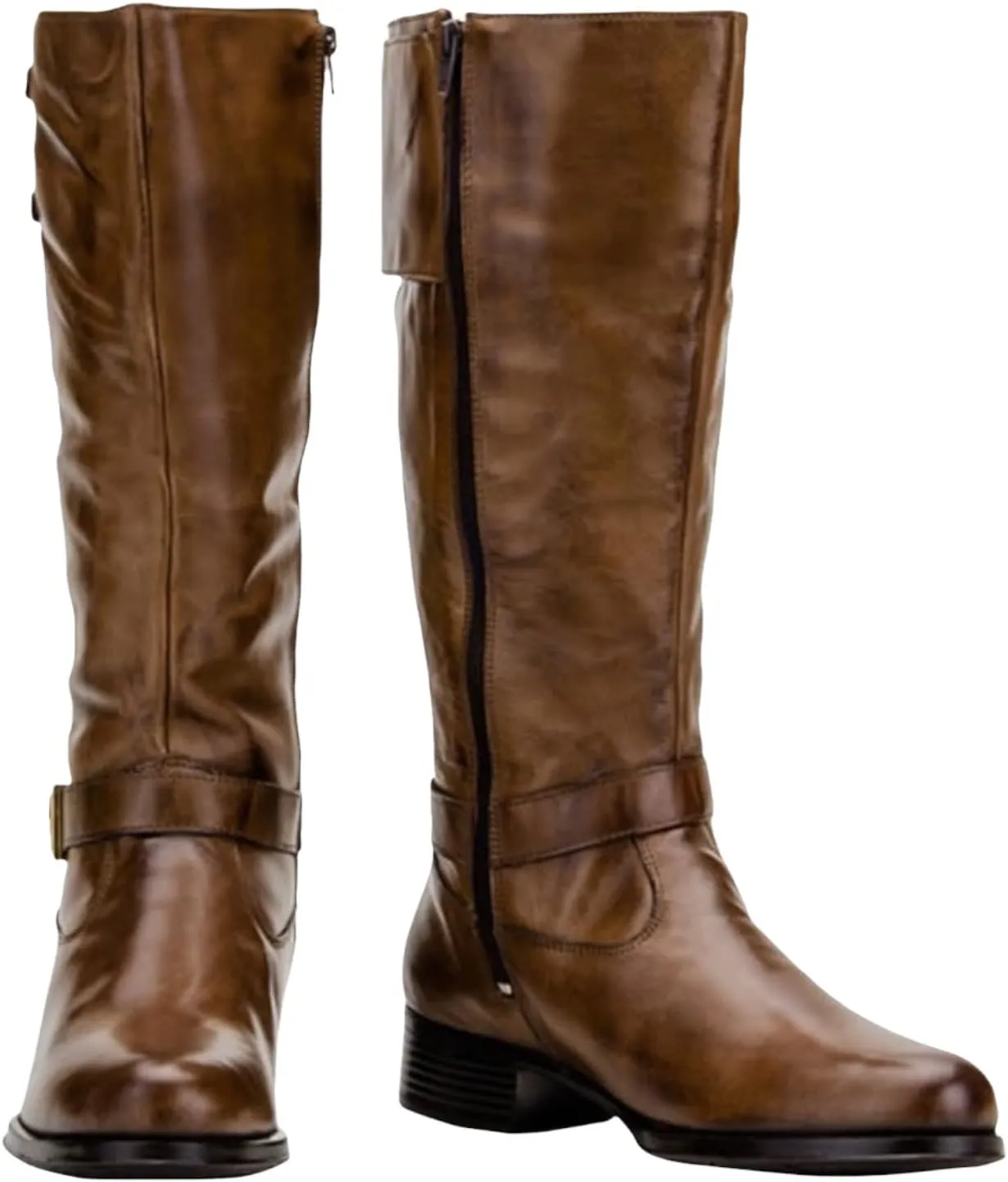 QUEEN USA TEXAS Women's Western Mid-Calf Riding Boots, Fashion Casual Leather Chunky Heel Zipper Booties