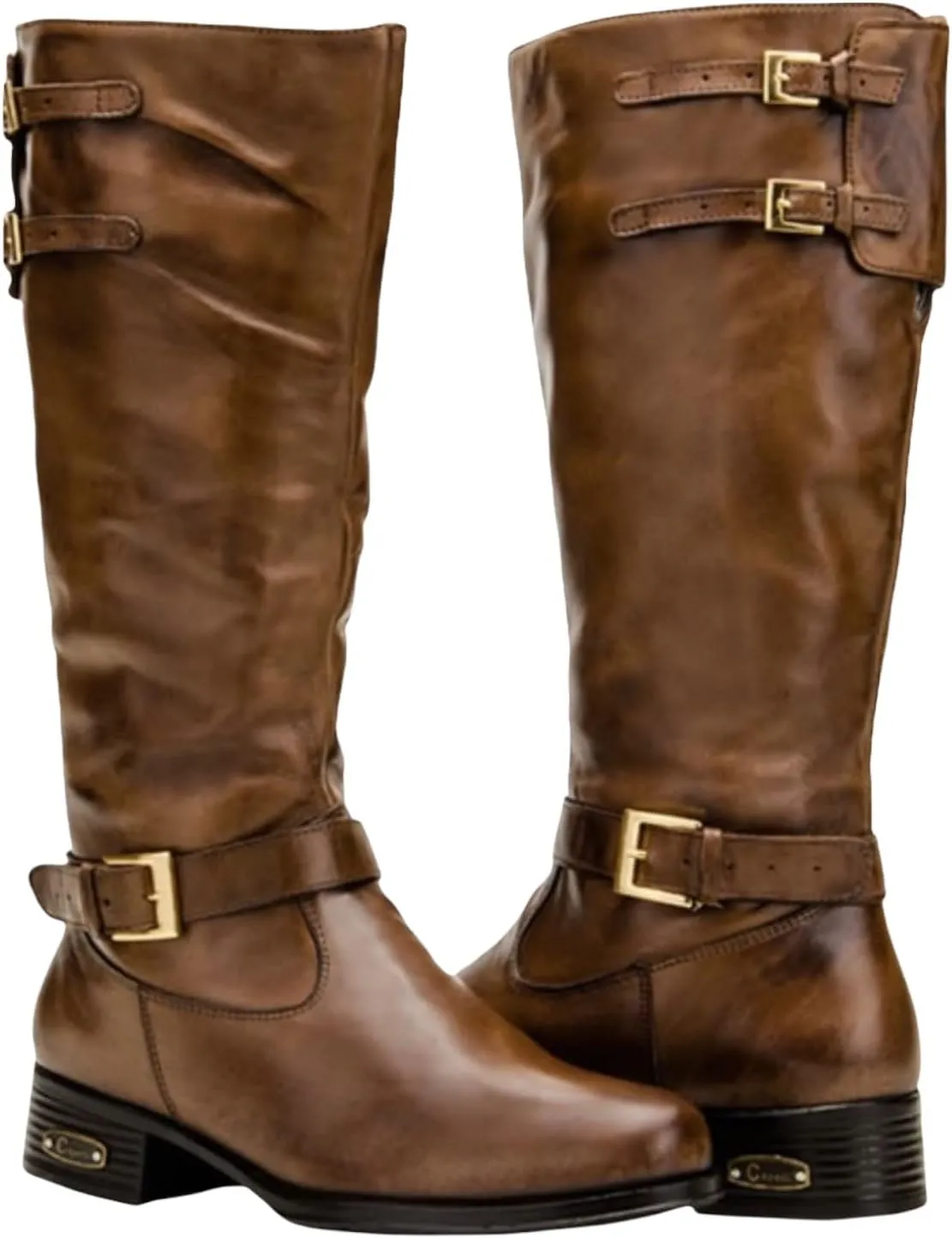 QUEEN USA TEXAS Women's Western Mid-Calf Riding Boots, Fashion Casual Leather Chunky Heel Zipper Booties