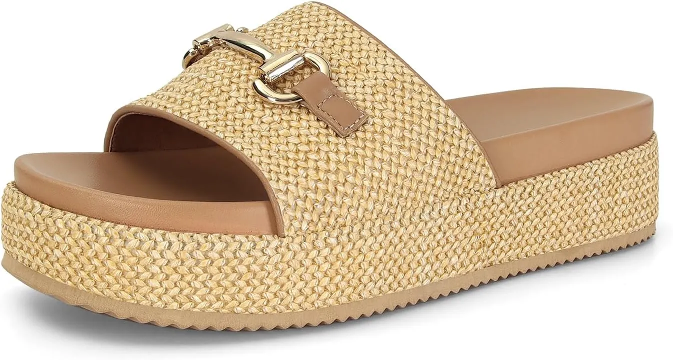 Raffia Platform Sandals for Women Raffia Espadrilles Slides Comfortable Open Toe Slip On Summer Beach Slides Sandals