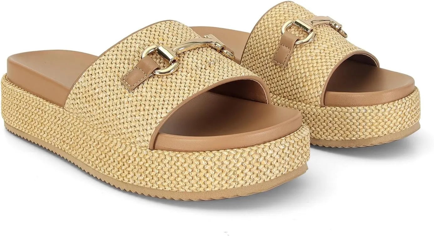Raffia Platform Sandals for Women Raffia Espadrilles Slides Comfortable Open Toe Slip On Summer Beach Slides Sandals
