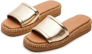 Raffia Platform Sandals for Women Raffia Espadrilles Slides Comfortable Open Toe Slip On Summer Beach Slides Sandals
