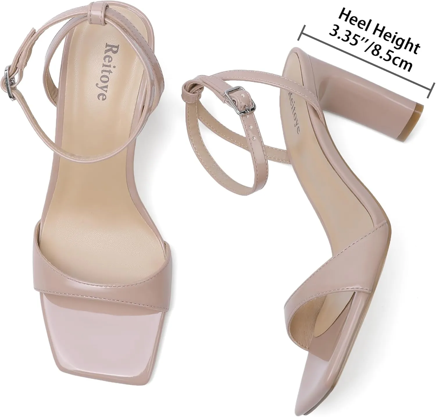 Reitoye Womens Heels Square Open Toe Chunky High Heels Strappy Ankle Strap Heeled Sandals for Women Dress Party Wedding