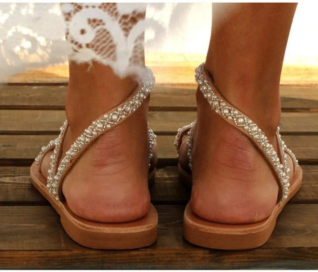 Rhinestone Sandals for Women Summer Dressy Beach Wedding Shoes Sandals Pearl and Rhinestone Boho Sandals Strappy Bohemian Flat Sandals Cute Sandals for Women