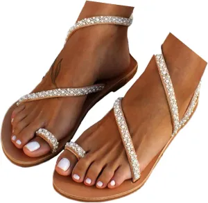 Rhinestone Sandals for Women Summer Dressy Beach Wedding Shoes Sandals Pearl and Rhinestone Boho Sandals Strappy Bohemian Flat Sandals Cute Sandals for Women