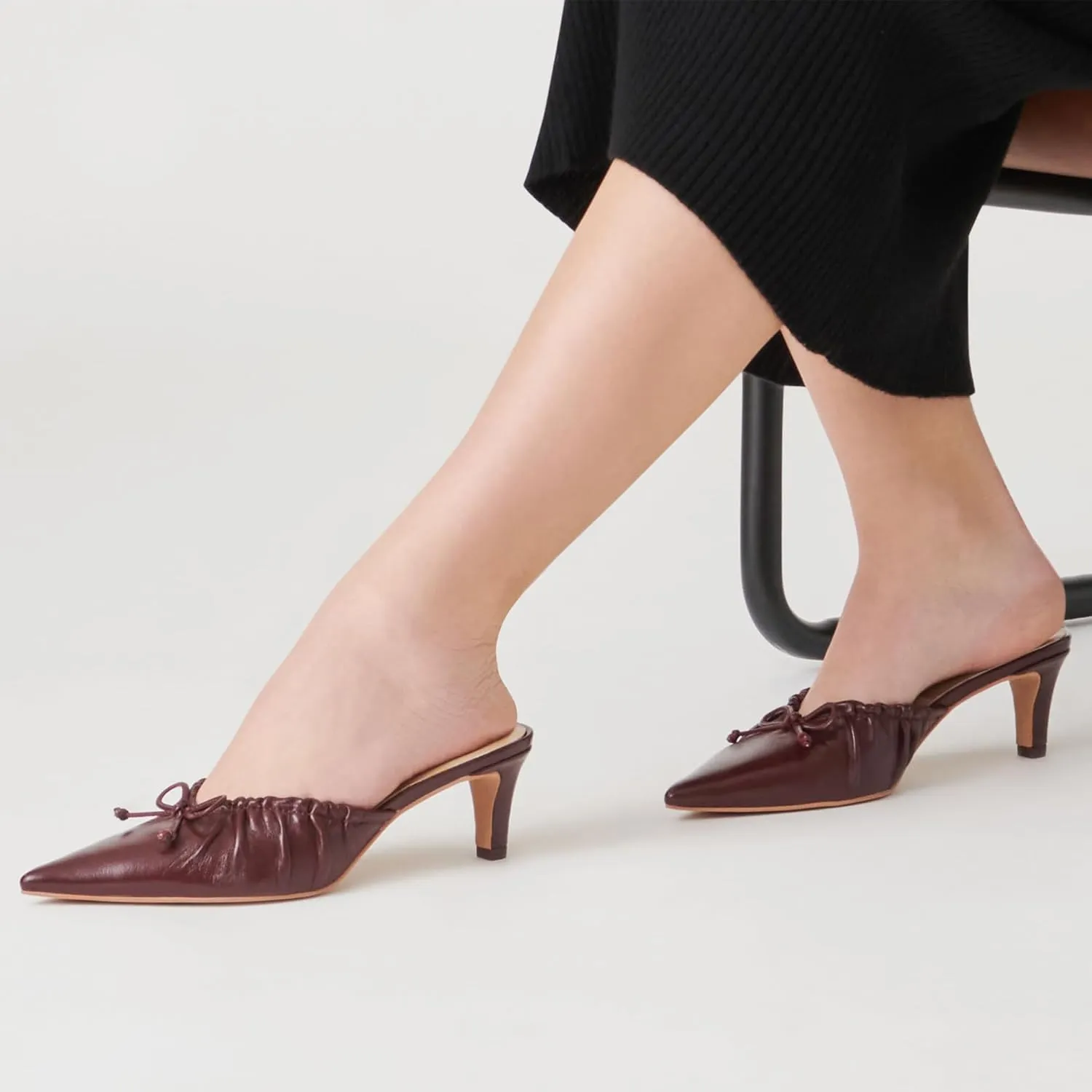 Ruched Kitten Heels for Women with Bows Comfortable Pointed Toe Mule Dressy Heels Sexy Slip on Stiletto Heels Pumps.