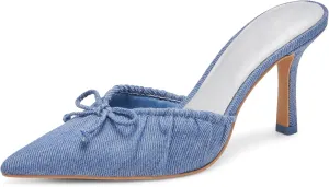 Ruched Kitten Heels for Women with Bows Comfortable Pointed Toe Mule Dressy Heels Sexy Slip on Stiletto Heels Pumps.