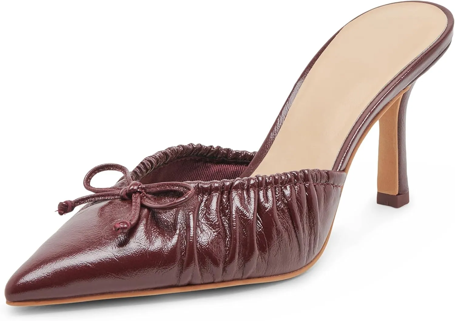 Ruched Kitten Heels for Women with Bows Comfortable Pointed Toe Mule Dressy Heels Sexy Slip on Stiletto Heels Pumps.