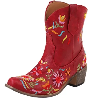 SACFOF Women's Ankle Boots Retro Mid Calf Square Toe Chunky Mid Heel Embroidered Western Cowgirl Cowboy Boots