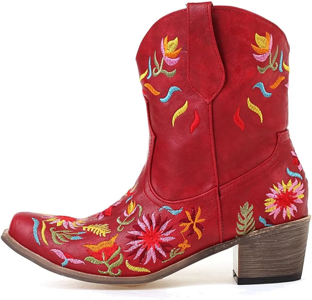 SACFOF Women's Ankle Boots Retro Mid Calf Square Toe Chunky Mid Heel Embroidered Western Cowgirl Cowboy Boots