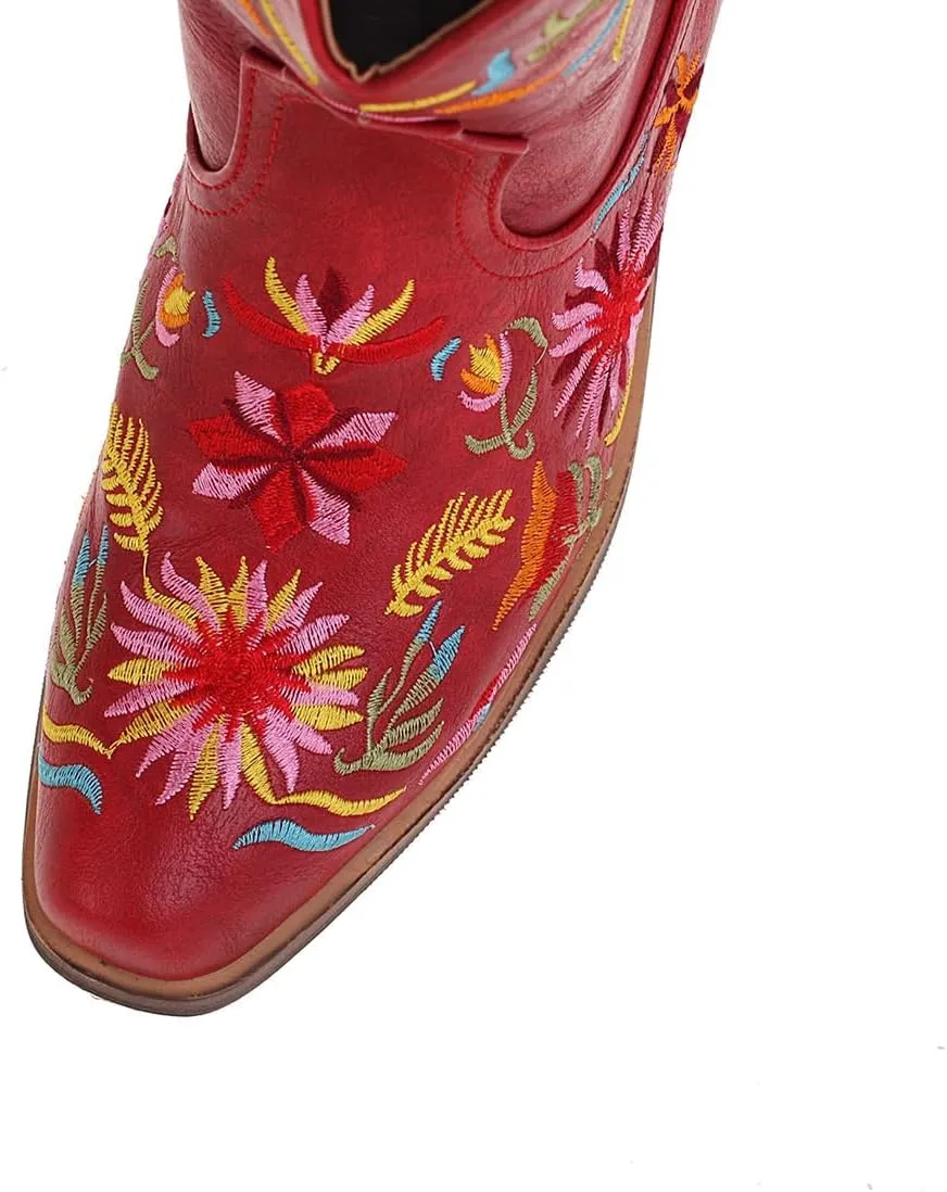 SACFOF Women's Ankle Boots Retro Mid Calf Square Toe Chunky Mid Heel Embroidered Western Cowgirl Cowboy Boots
