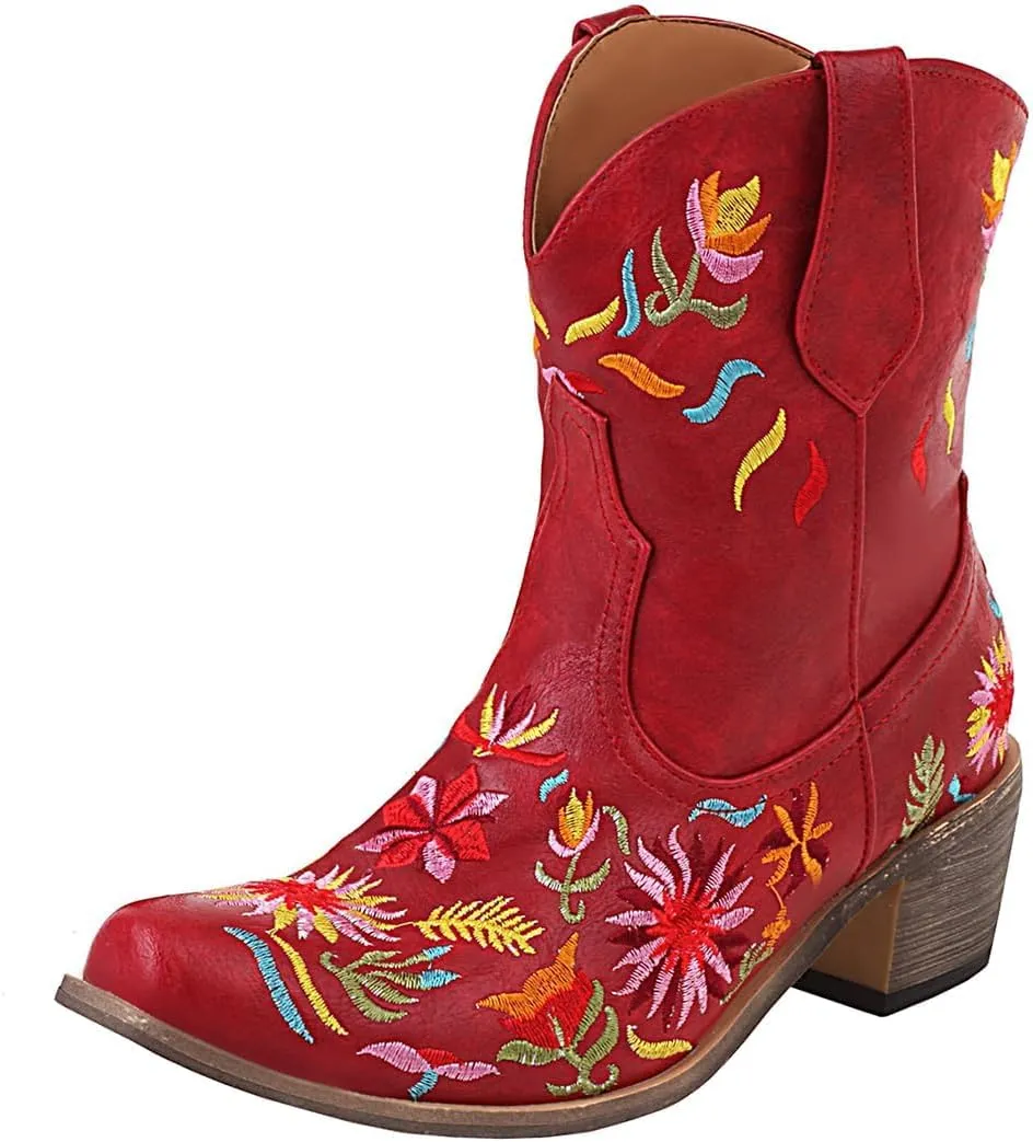 SACFOF Women's Ankle Boots Retro Mid Calf Square Toe Chunky Mid Heel Embroidered Western Cowgirl Cowboy Boots