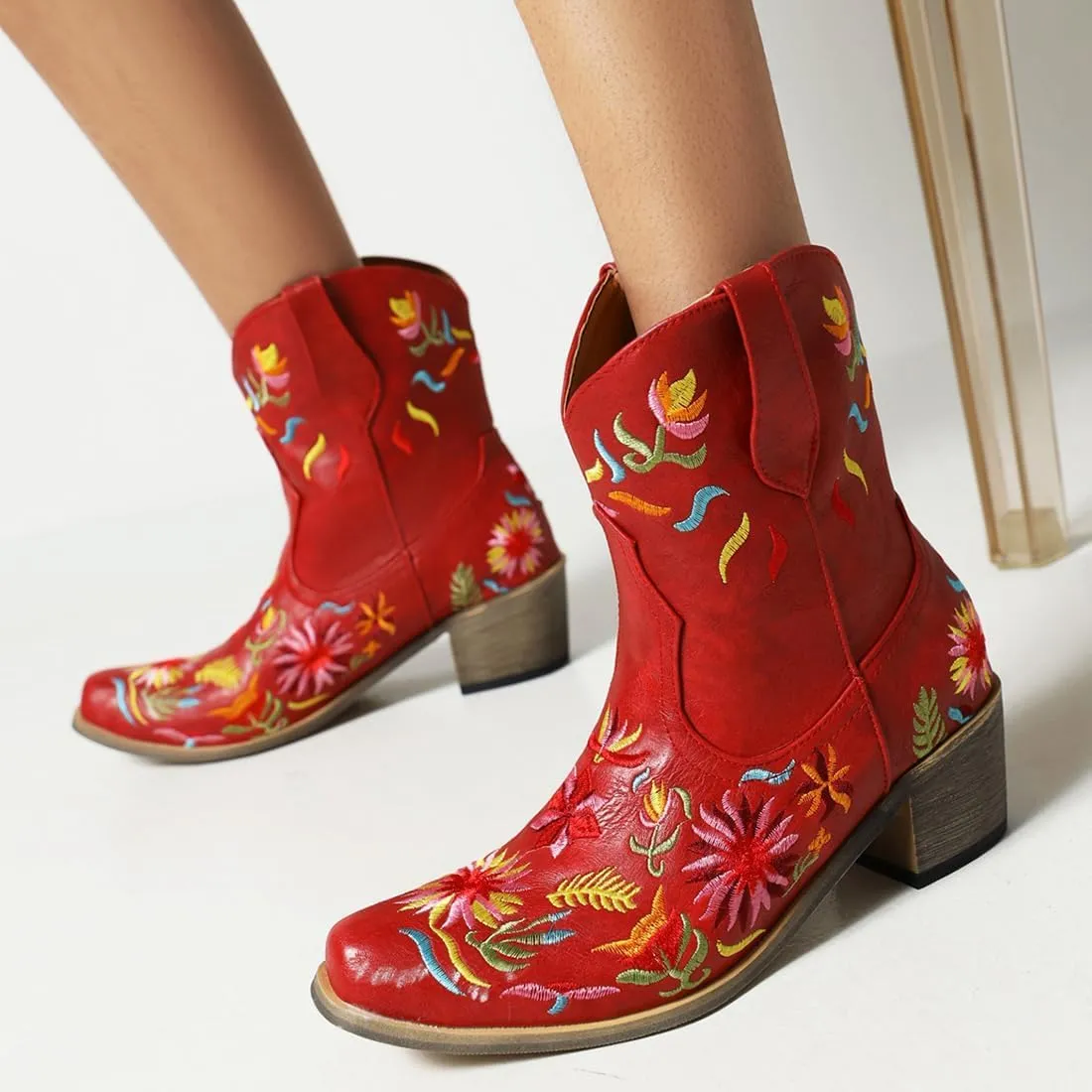 SACFOF Women's Ankle Boots Retro Mid Calf Square Toe Chunky Mid Heel Embroidered Western Cowgirl Cowboy Boots