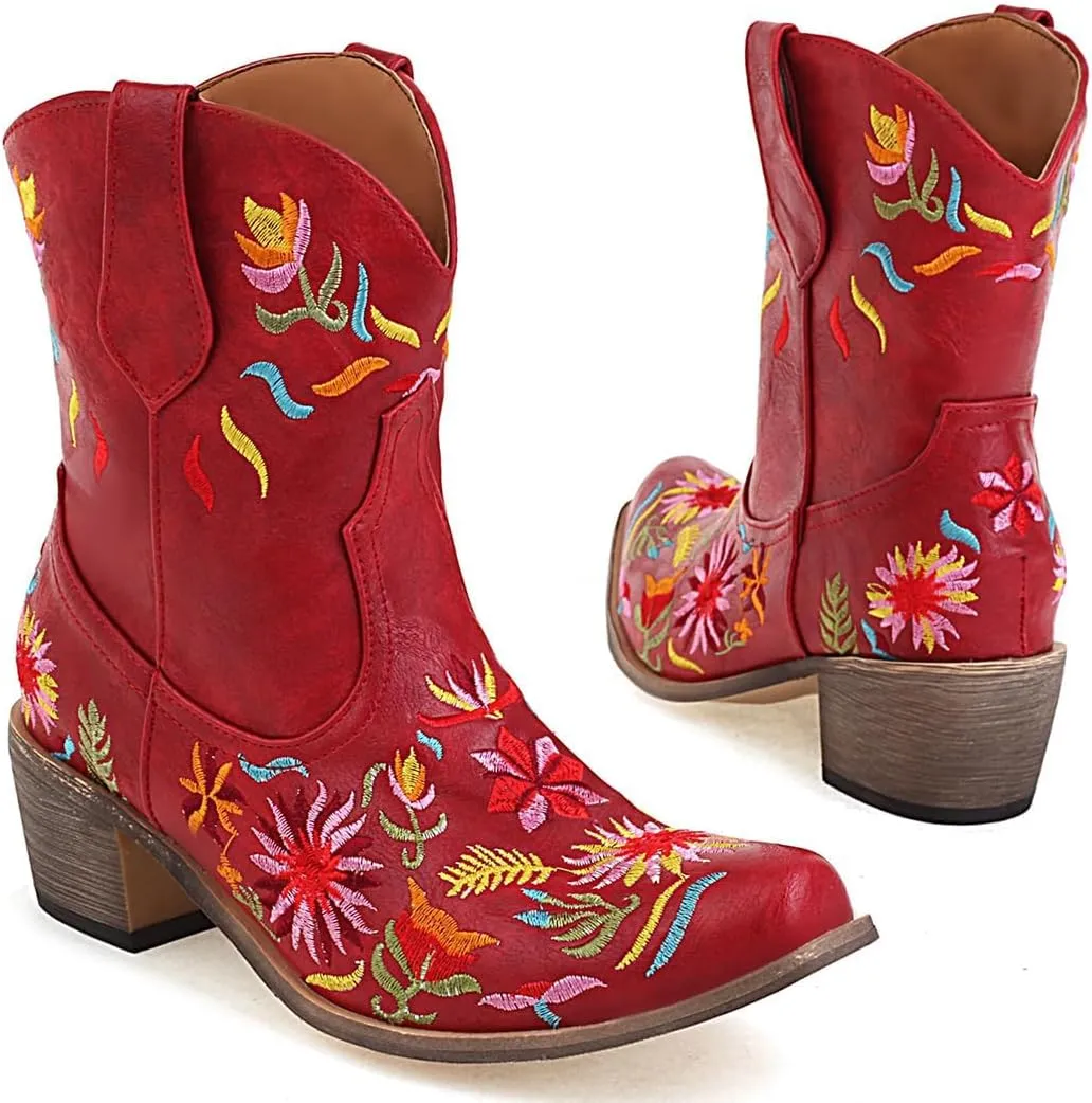 SACFOF Women's Ankle Boots Retro Mid Calf Square Toe Chunky Mid Heel Embroidered Western Cowgirl Cowboy Boots