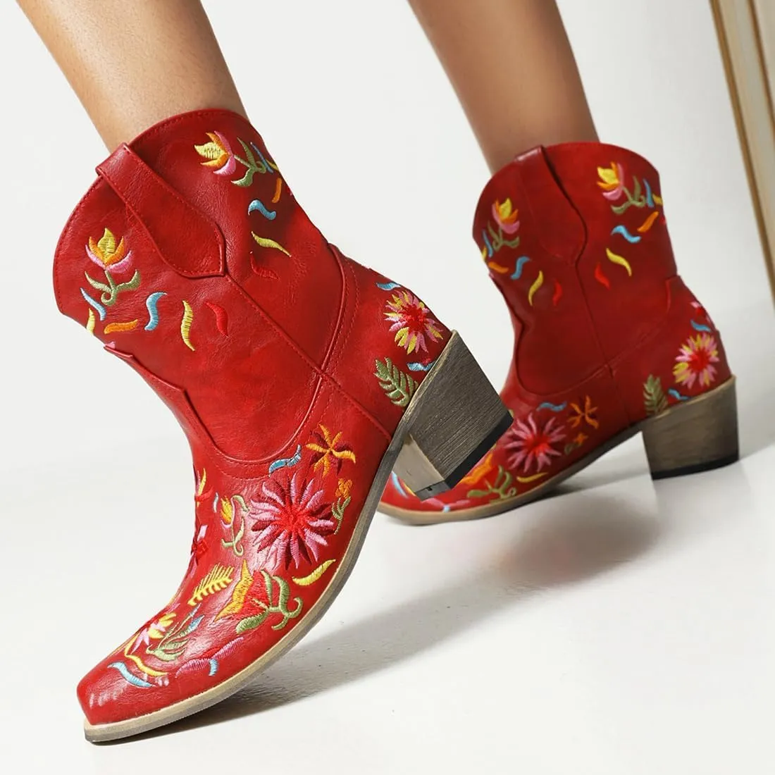 SACFOF Women's Ankle Boots Retro Mid Calf Square Toe Chunky Mid Heel Embroidered Western Cowgirl Cowboy Boots