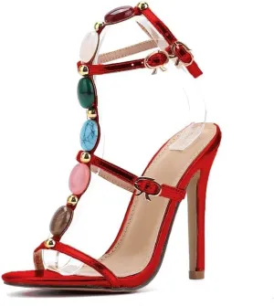 SACFOF Women's Jeweled Ankle Strap Stiletto Heels Sandals Open Toe Strappy Gladiator High Heels Sandals for Wedding Party Dress
