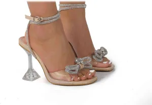 SACFOF Women's Square Toe Clear Heels Sexy Rhinestone Bow Heels Open Toe Ankle Strap Stiletto High Heel Sandals Dress