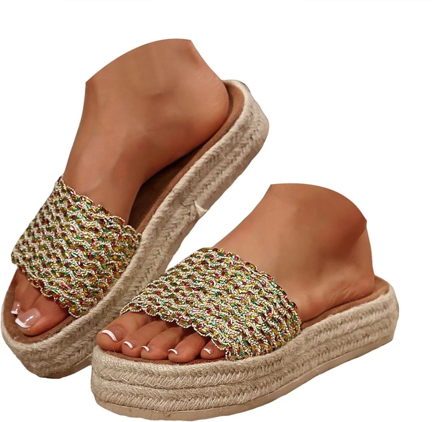Sandals For Women 2025 Dressy Woven Knit Espadrille Sandal Chunky Platform Shoes Slip On Beach Bohemian Slippers