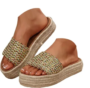 Sandals For Women 2025 Dressy Woven Knit Espadrille Sandal Chunky Platform Shoes Slip On Beach Bohemian Slippers