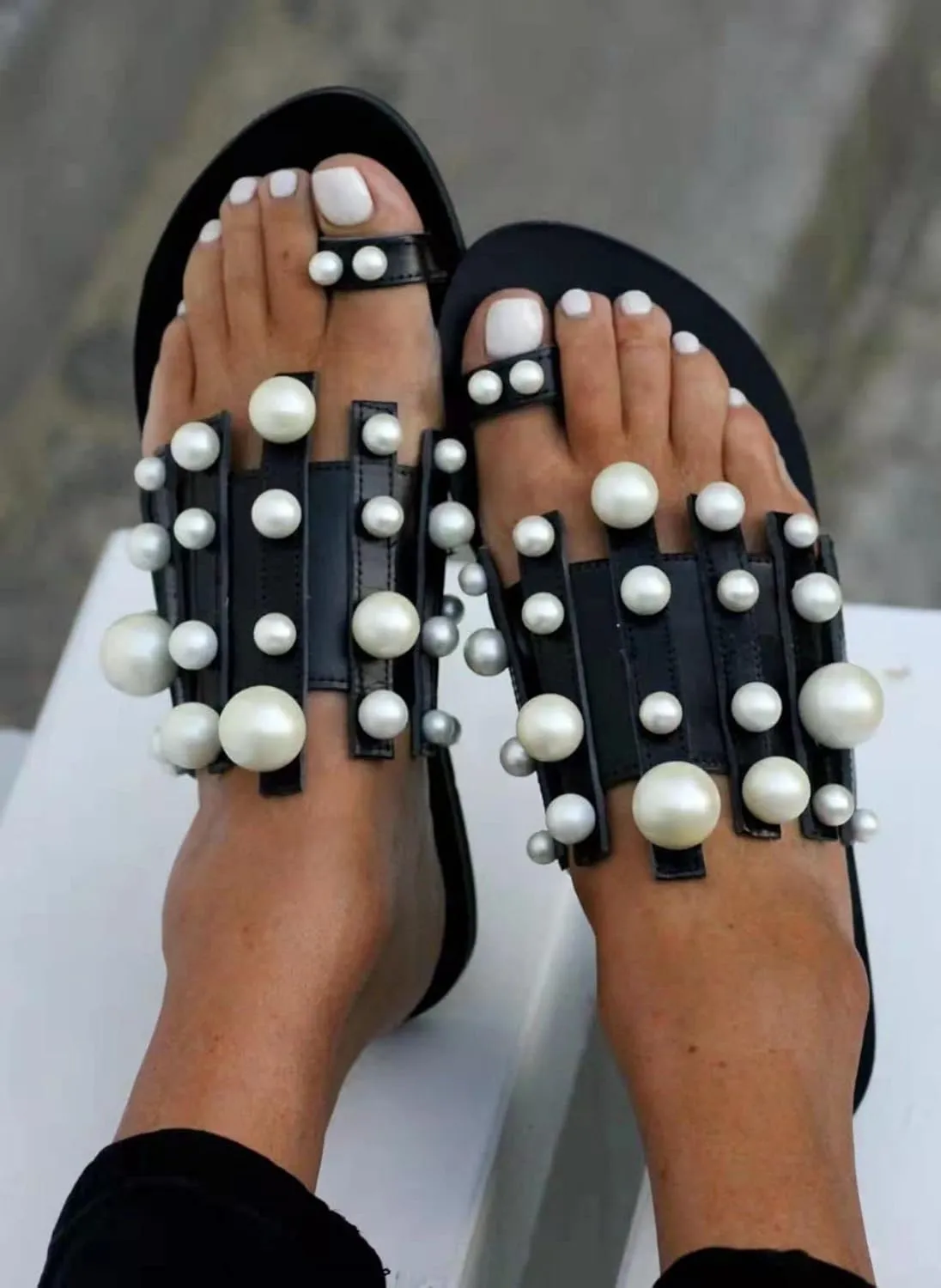 Sandals for Women Casual Summer Crystal Pearl Open Toe Sandals Shoes Bohemian Beach Sandals,Cute Flat Sandals for Summer
