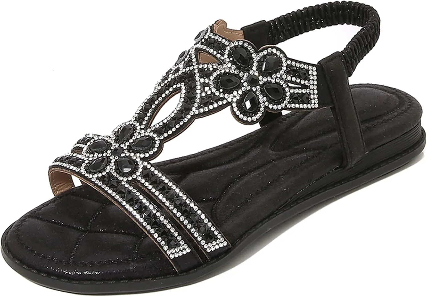Sandals for Women Flat Sandals Flower Low Heel Summer Comfortable Open Toe Slip-on Sandal Rhinestone Boho Ladies' Flat Sandal Wide Width Dress Orthopedic Working Shoes Wedding Shoes for Bride