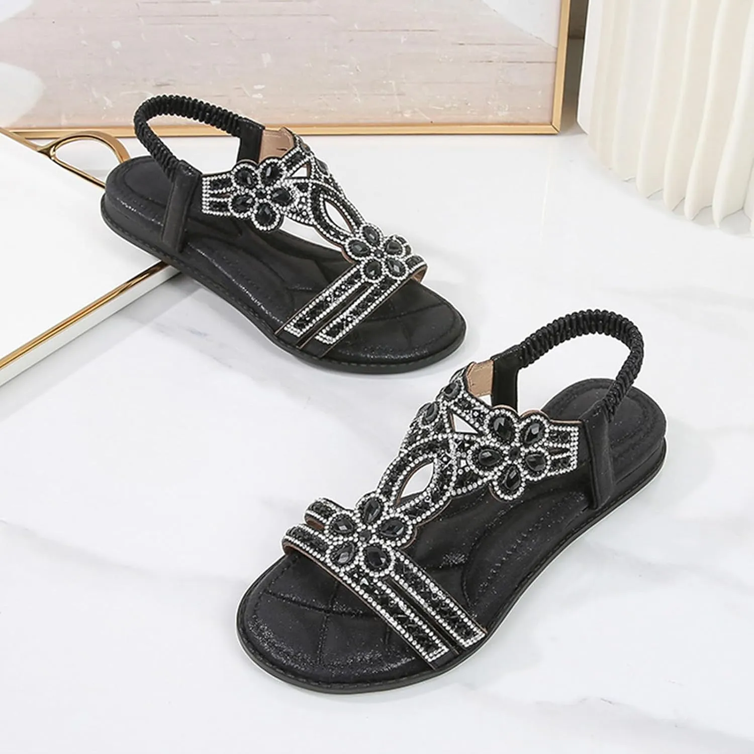 Sandals for Women Flat Sandals Flower Low Heel Summer Comfortable Open Toe Slip-on Sandal Rhinestone Boho Ladies' Flat Sandal Wide Width Dress Orthopedic Working Shoes Wedding Shoes for Bride