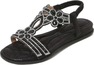 Sandals for Women Flat Sandals Flower Low Heel Summer Comfortable Open Toe Slip-on Sandal Rhinestone Boho Ladies' Flat Sandal Wide Width Dress Orthopedic Working Shoes Wedding Shoes for Bride