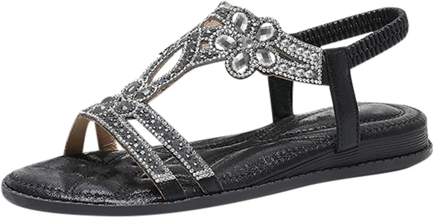 Sandals Women Flat, Women's Rhinestone Sandals Comfort Walking with Non Slip Casual Summer Beach Shoes Bohemian Flats