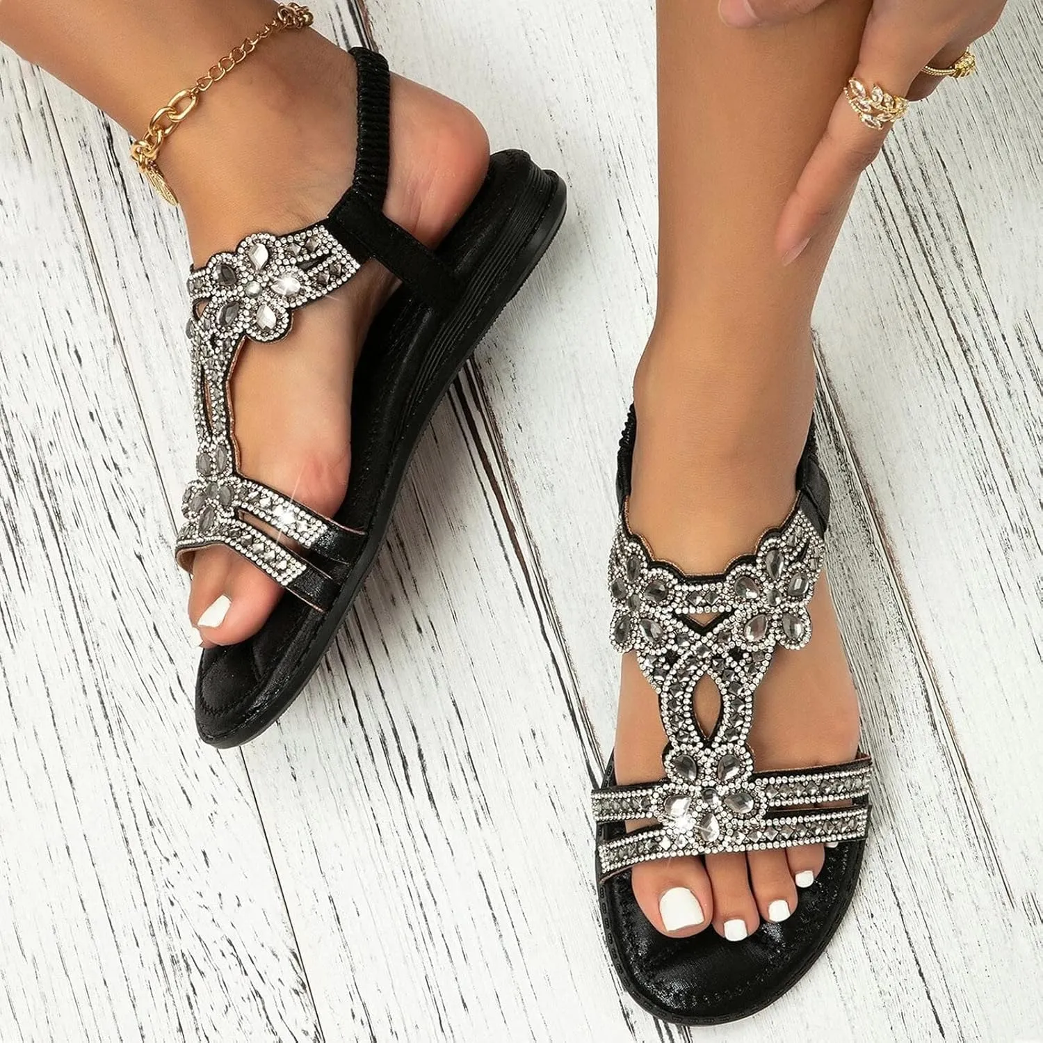 Sandals Women Flat, Women's Rhinestone Sandals Comfort Walking with Non Slip Casual Summer Beach Shoes Bohemian Flats