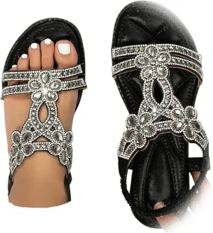Sandals Women Flat, Women's Rhinestone Sandals Comfort Walking with Non Slip Casual Summer Beach Shoes Bohemian Flats