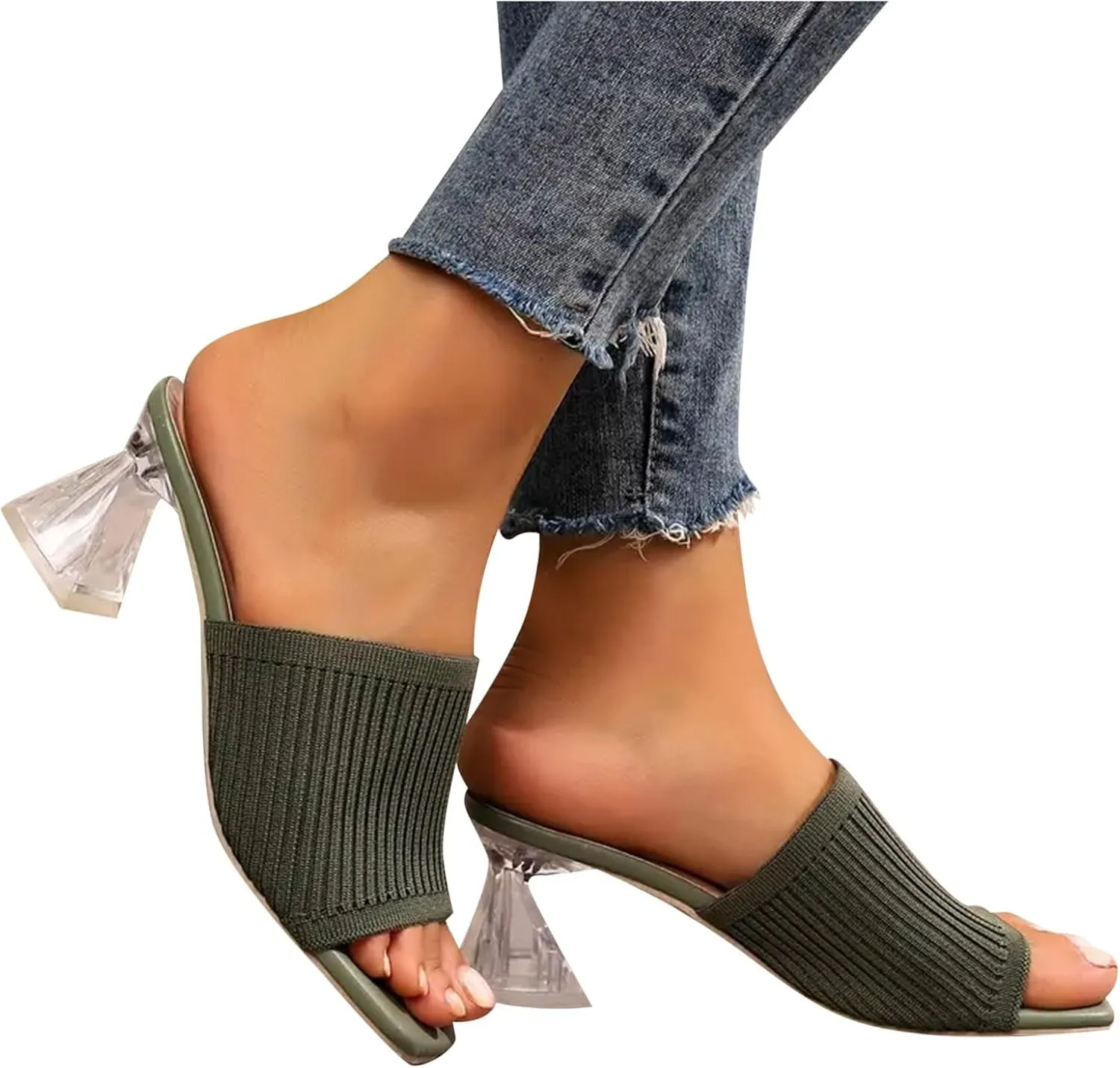 Sandals Women Square Toe Heeled Mules Clear Block Heels Sandals Knit Chunky Square Heels Slip On Breathable Slides