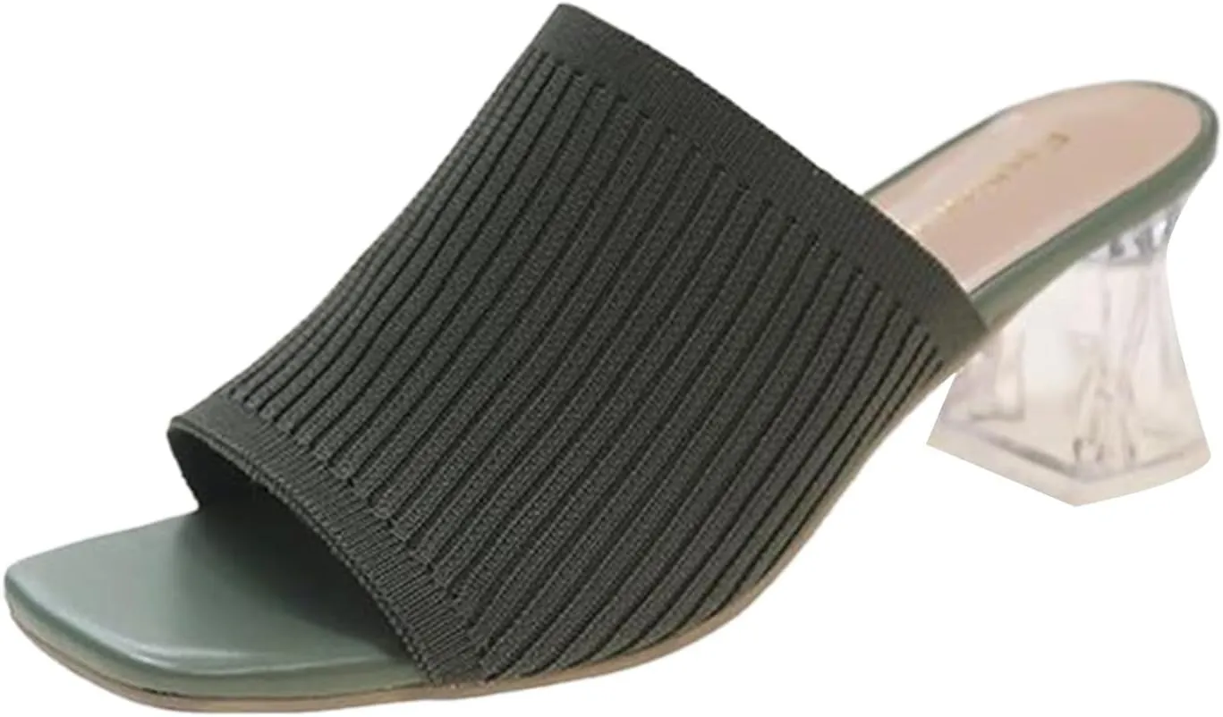 Sandals Women Square Toe Heeled Mules Clear Block Heels Sandals Knit Chunky Square Heels Slip On Breathable Slides