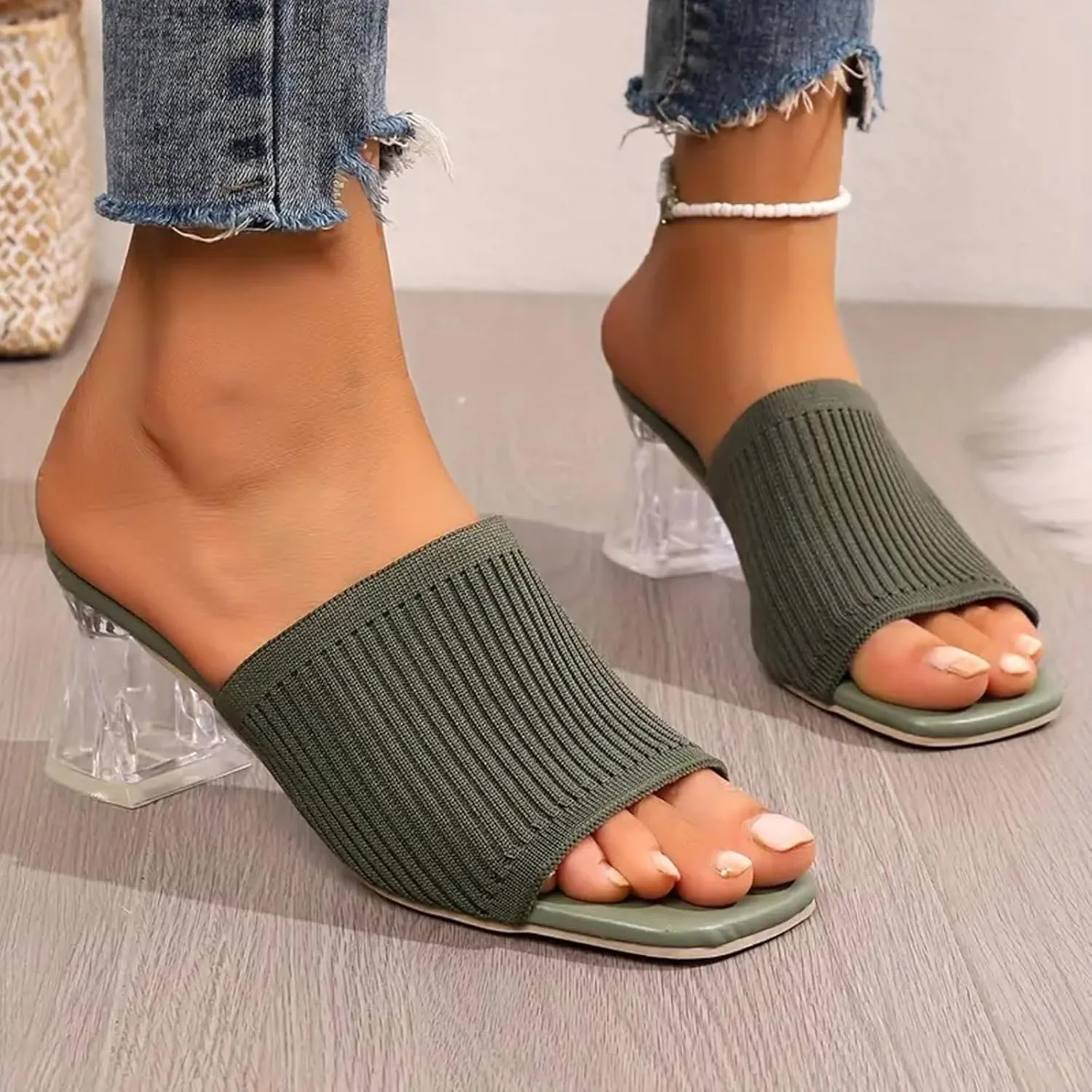 Sandals Women Square Toe Heeled Mules Clear Block Heels Sandals Knit Chunky Square Heels Slip On Breathable Slides