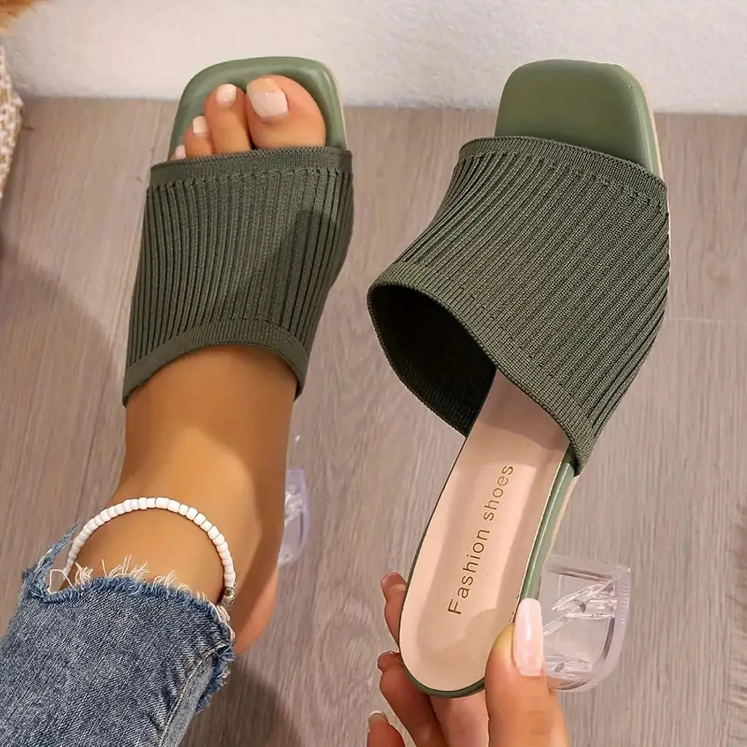 Sandals Women Square Toe Heeled Mules Clear Block Heels Sandals Knit Chunky Square Heels Slip On Breathable Slides