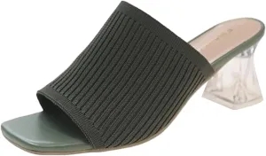 Sandals Women Square Toe Heeled Mules Clear Block Heels Sandals Knit Chunky Square Heels Slip On Breathable Slides
