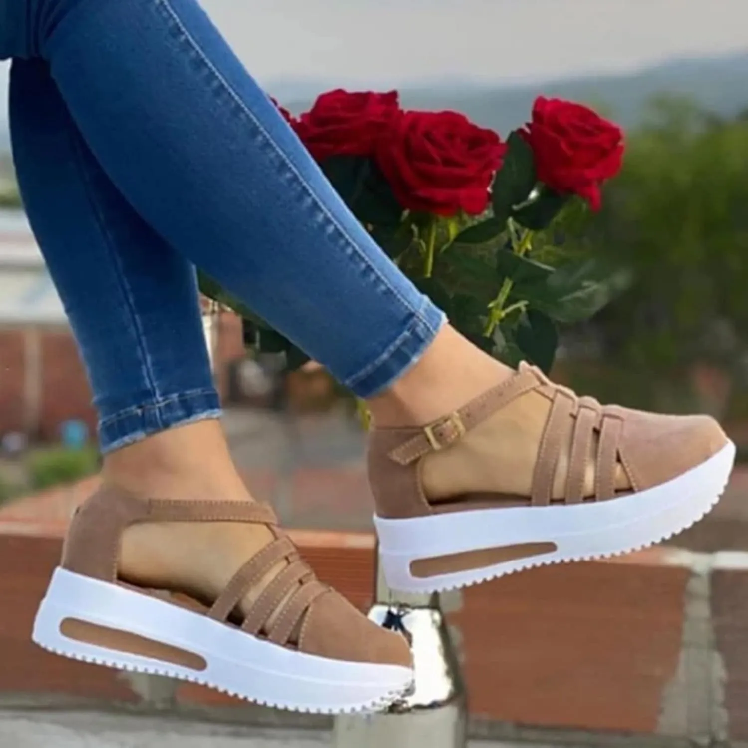 Sandals Women Wedges Platform, Summer 2023 Women's Beach Casual Sandals Espadrilles Sandals Ankle Strap Buckle Closed Toe Wedge Sandal Flip Flops Outdoor Sandals (B/Beige, 8)