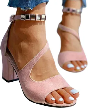 Sandals Women,Buckle Strap Chunky Heel Sandals Beaded Fish Mouth High Heels Ankle Strap Shoes Pumps Boho Sandals