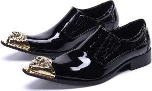 Santimon Mens Dress Shoes Slip On Burnished Genuine Leather Lined Tuxedo Plain Golden Lion Head Dress Casual Comfortable Loafers