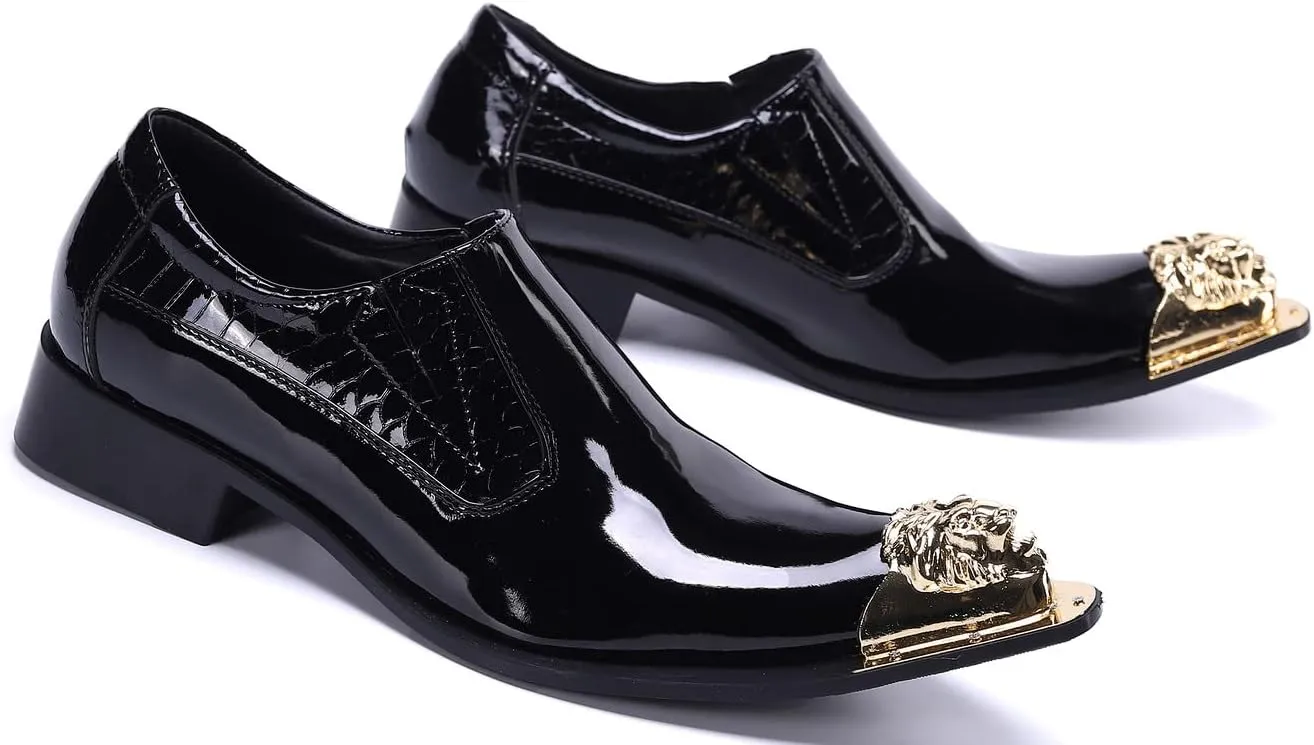 Santimon Mens Dress Shoes Slip On Burnished Genuine Leather Lined Tuxedo Plain Golden Lion Head Dress Casual Comfortable Loafers