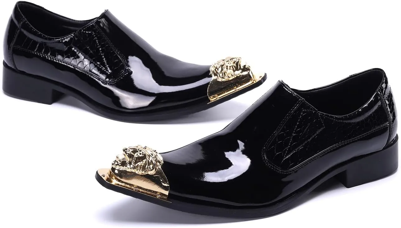 Santimon Mens Dress Shoes Slip On Burnished Genuine Leather Lined Tuxedo Plain Golden Lion Head Dress Casual Comfortable Loafers