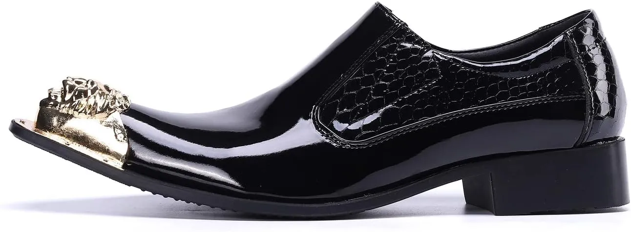 Santimon Mens Dress Shoes Slip On Burnished Genuine Leather Lined Tuxedo Plain Golden Lion Head Dress Casual Comfortable Loafers