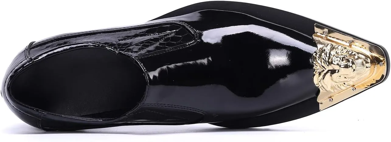Santimon Mens Dress Shoes Slip On Burnished Genuine Leather Lined Tuxedo Plain Golden Lion Head Dress Casual Comfortable Loafers
