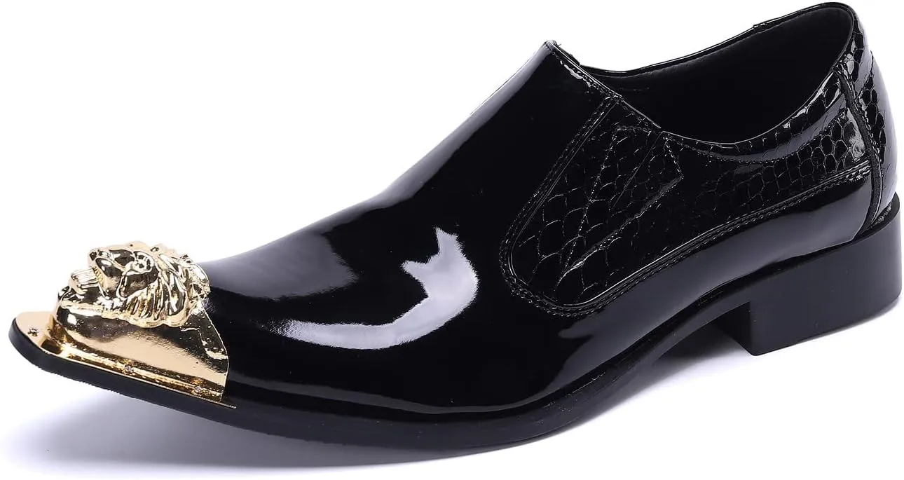 Santimon Mens Dress Shoes Slip On Burnished Genuine Leather Lined Tuxedo Plain Golden Lion Head Dress Casual Comfortable Loafers