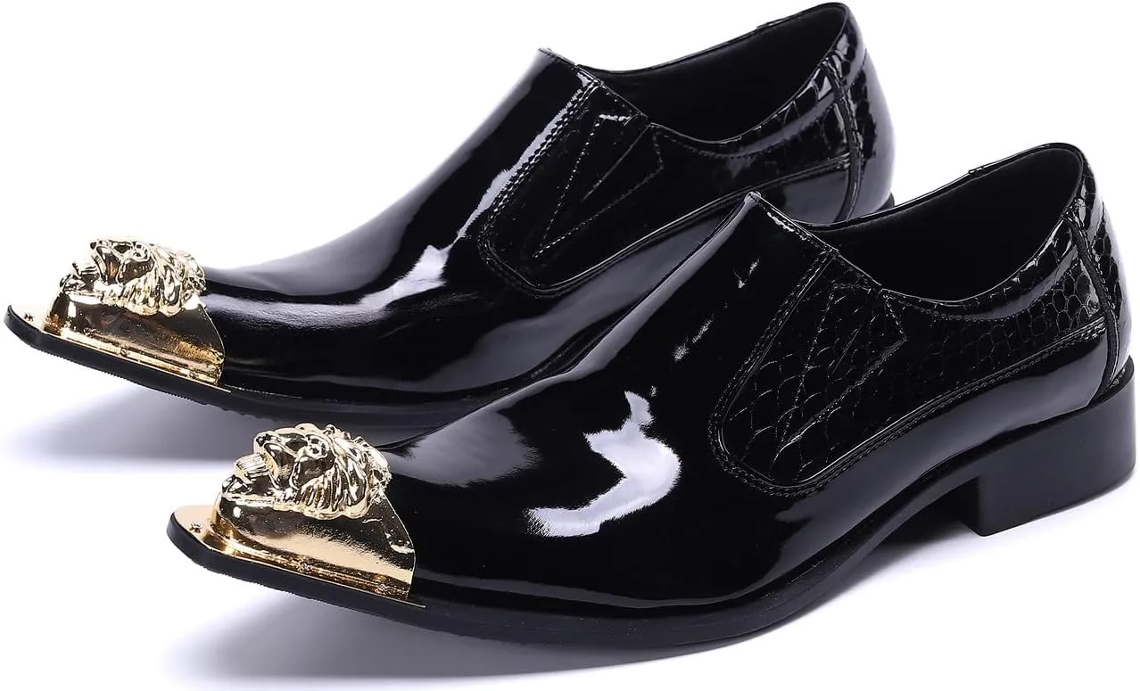 Santimon Mens Dress Shoes Slip On Burnished Genuine Leather Lined Tuxedo Plain Golden Lion Head Dress Casual Comfortable Loafers