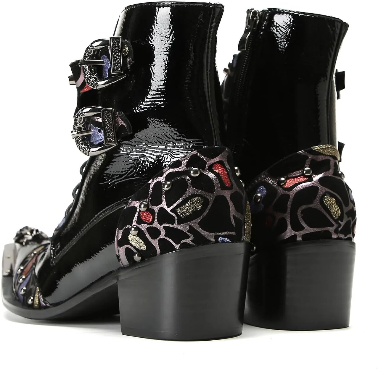 Santimon Men's Fashion Casual Metal-Tip Toe Beaded Zipper Double Buckle Genuine Leather Chelsea Boots Western Hight Top Dancing Boots